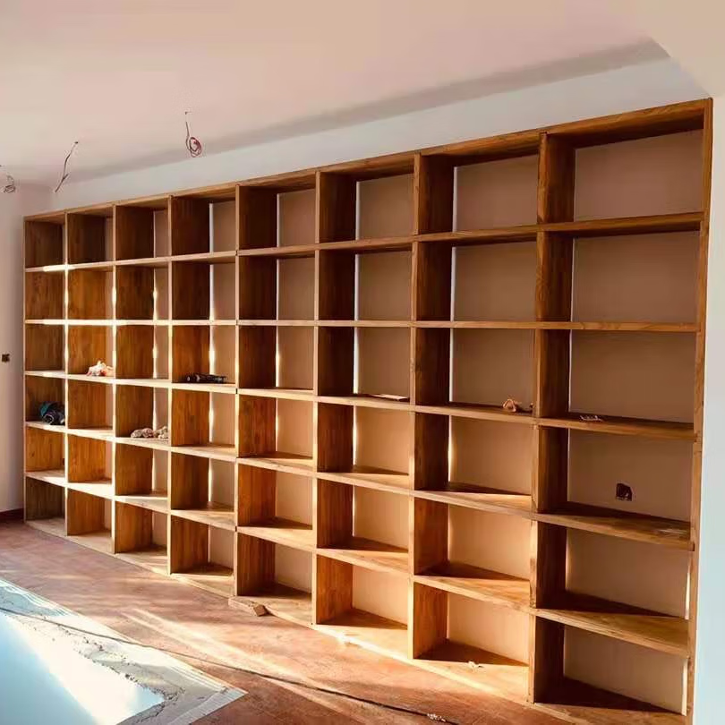 定制老榆木书架 实木置物架 原木落地收纳书柜隔断整墙满墙格子架 3cm厚老榆木板每平定制