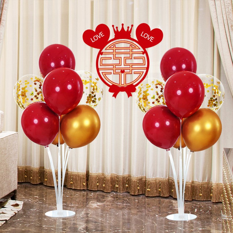 梦桥 订婚布置 桌飘立柱气球装饰结婚用品 婚房布置男方喜字贴囍字大红色气球2套