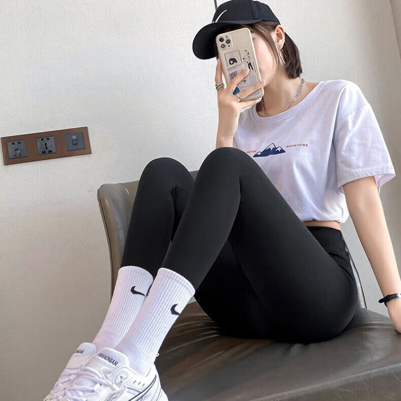 宝娜斯女裤鲨鱼皮打底裤高腰秋装弹力收腹紧身运动健身裤瑜伽裤 黑色-四季薄款 1条 M (适合80-105斤)