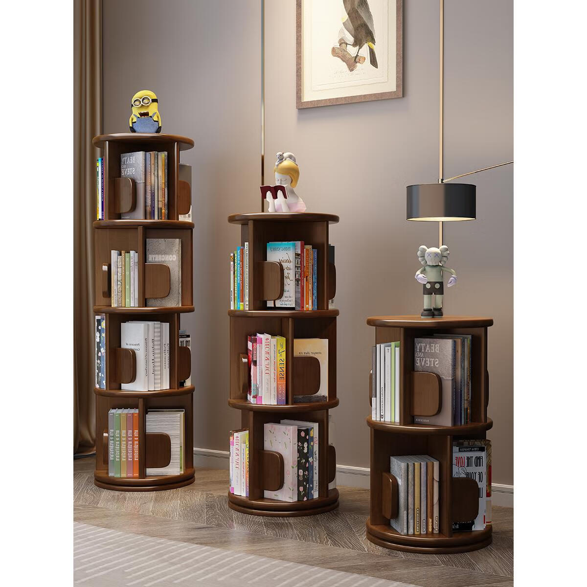 盎梓实木旋转书架落地省空间绘本收纳架简易小书柜简约客厅置物架 2层