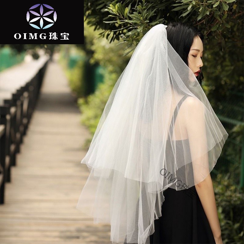 oimg 头纱拍照网红森系短款白纱头饰超仙复古拍照道具黑色长款婚纱