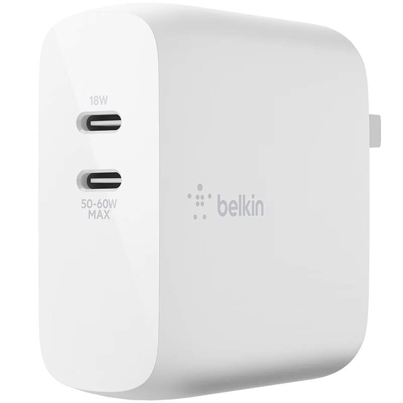 贝尔金（BELKIN）60W双Type-C充电器 PD3.1快充 PPS协议充电头  苹果手机电脑充电器 单口30W快充 WCB010白