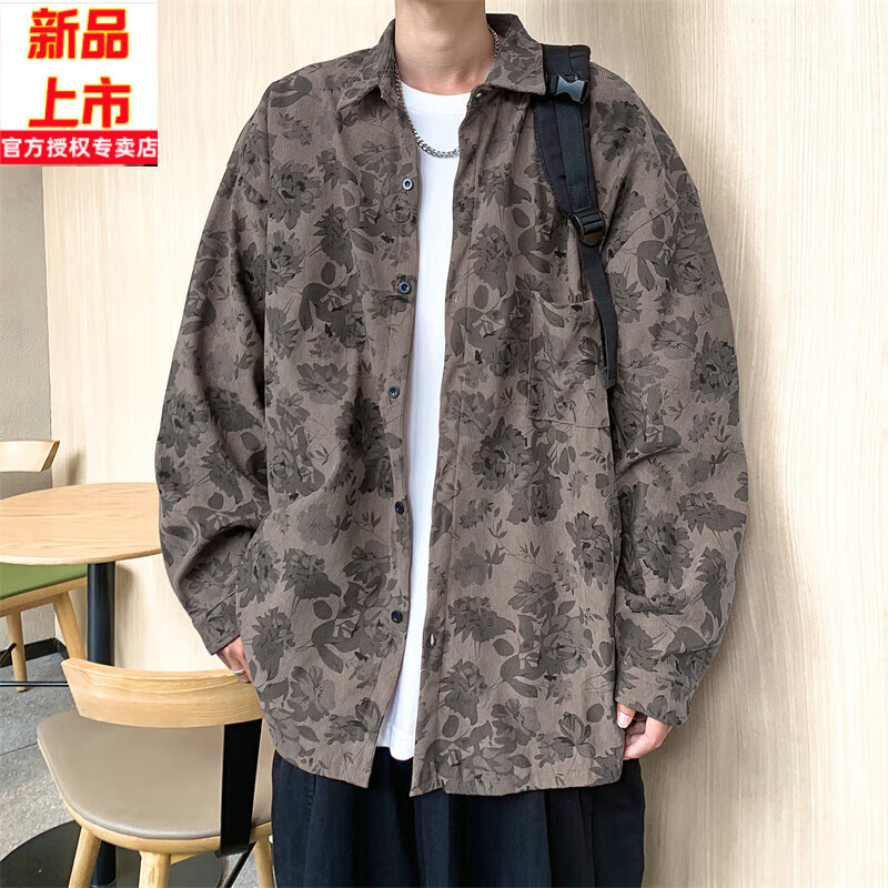 祺杰仕夏天男装美式复古灯芯绒印花长袖衬衫2024春秋季宽松潮流百搭