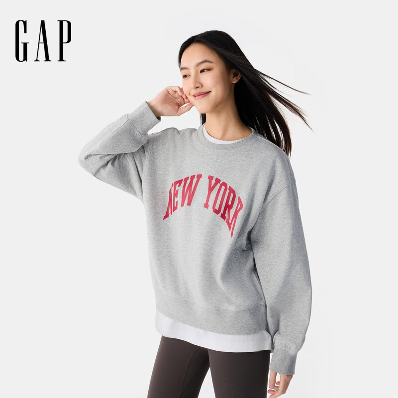 GAP女装春季款印花logo圆领卫衣宽松基础款休闲上衣725769 浅灰色 L (170/88A)亚洲尺码