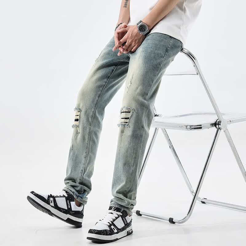 迪欧图（DIOUTU）个性百搭时尚新款男士流行的牛仔裤时髦修身破洞小直筒裤子男长裤 MN-9006蓝色 28码(建议体重95-110)
