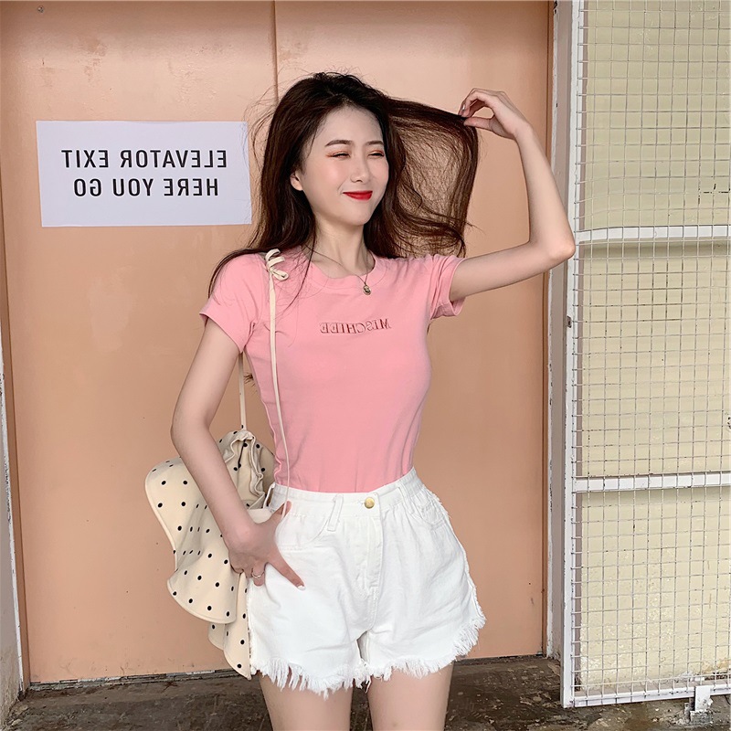 字母刺绣上衣2021夏季新款打底女装韩版短袖时尚T恤 刺绣字母粉色 M