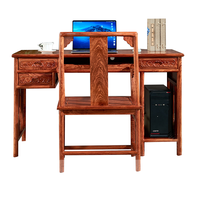 正荣府 红木家具 非洲花梨(学名:刺猬紫檀)实木书桌家用电脑桌办公写字桌 1.28米书桌+1书椅