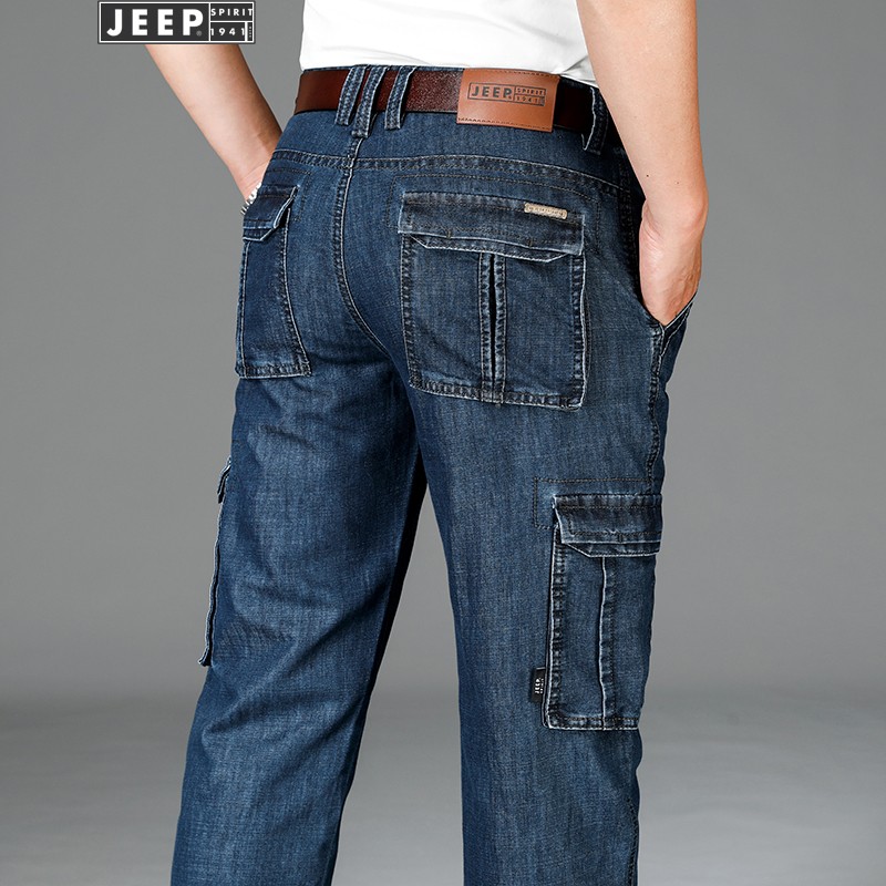 吉普（JEEP）牛仔工装裤男休闲薄款多袋裤中男士宽松直筒长裤牛仔裤 125-1深蓝色 34码=2尺6