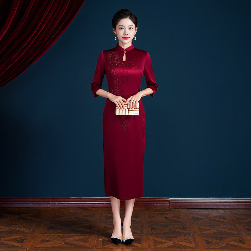 唐奕旗袍中国风醋酸缎七分袖春夏款高贵年轻妈妈喜婆婆婚宴礼服旗袍裙 酒红色 XXXXL怎么样,好用不?