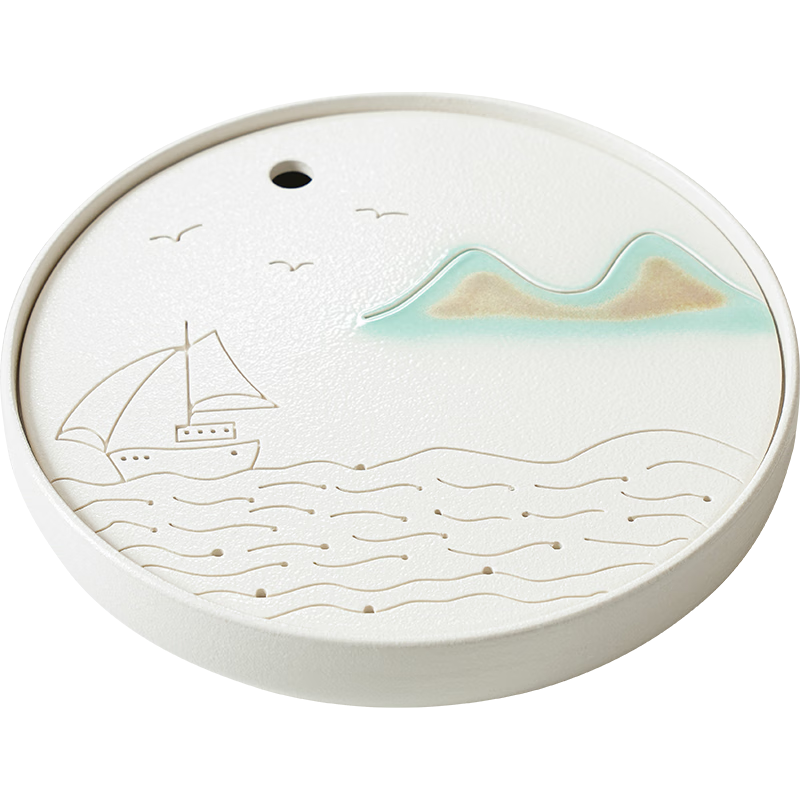 初伍遠(yuǎn)山圓形陶瓷茶盤家用中式現(xiàn)代簡約干泡茶臺小型托盤儲水蓄水茶海