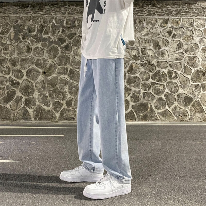 依慕琪朗威哲男裝牛仔褲寬松闊腿褲子薄款痞帥休閑黑灰色男士牛仔褲KLED 松緊腰淺藍色 35 xl 1-150斤