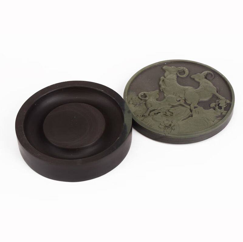 文房四宝雕花玉黛石砚易水砚圆形大号磨墨砚台砚池送礼盒墨块毛毡