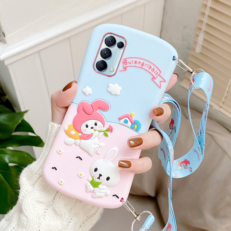 宝格石opporeno5手机壳女款oppo手机reno5 手机壳防摔opporeno5pro手机壳 Oppo Reno5 粉蓝撞色 挂绳 虎窝购