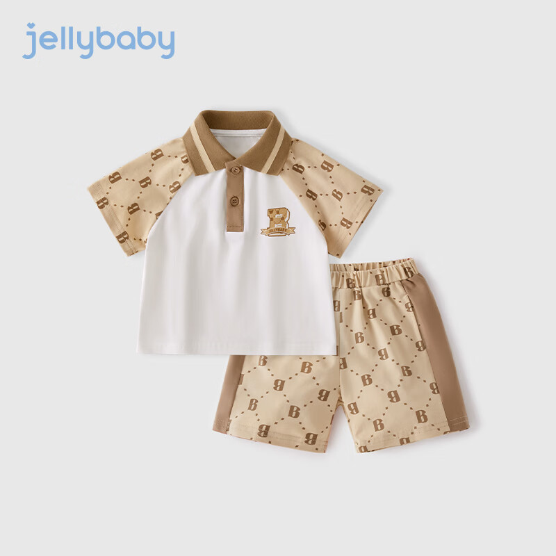 JELLYBABY儿童服装2024新款洋气POLO宝宝短裤两件套男童夏装套装 卡其 100cm