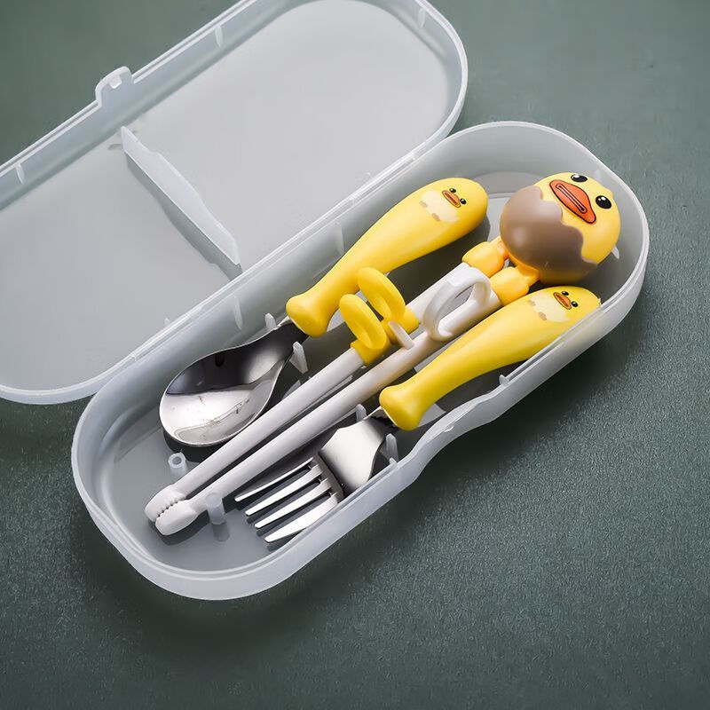 儿童筷子训练筷3岁6岁幼儿勺子筷练习筷宝宝学习专用婴儿餐具套装 2-6岁儿童餐具黄色鸭子- 儿童餐具-四件套筷+勺+叉+盒