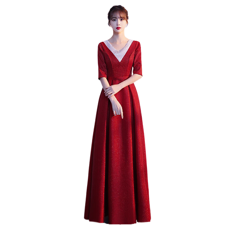 漢虞葵大合唱演出服女長裙新款成人合唱團舞臺演出服主持人朗誦比賽禮服 酒紅色 2XL