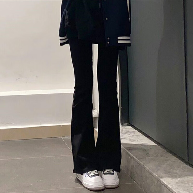 洛之潮喇叭裤女今年流行的新款秋冬加绒牛仔裤穿搭微喇叭女春秋 黑色 S 90至100斤