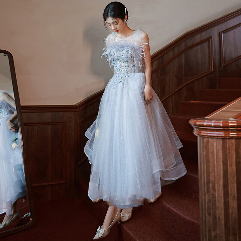 舒凯乐成人礼服女 18嵗岁礼服蓝色羽毛晚礼服裙女春季成人生日质感