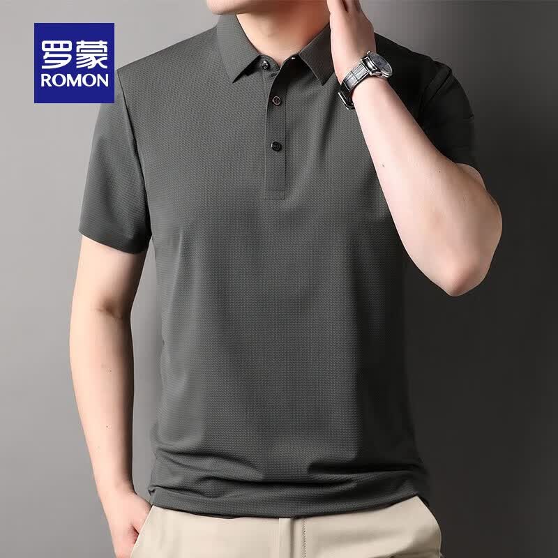 罗蒙【高弹无痕】短袖polo衫男夏季新款泡泡格弹力纯色翻领短袖t恤 G2206灰绿 2XL 185/100A（建议155-175斤）