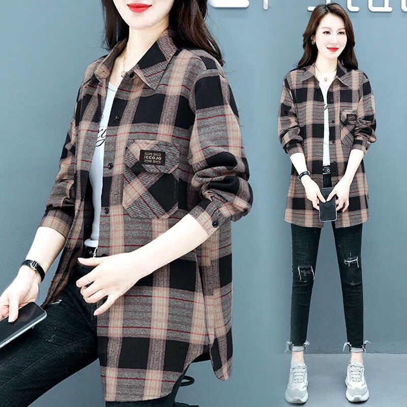 春天衣服2023春秋新款宽松显瘦格子衬衫女初 8118黑色格子 (颜色偏黄)