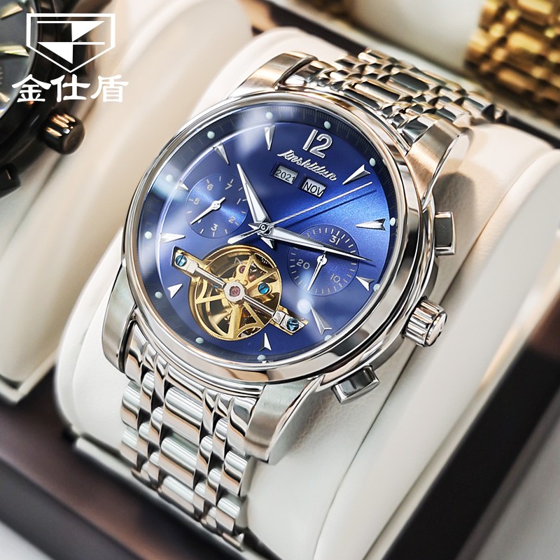 金仕盾新款经典瑞士认证多功能镂空男士手表防水夜光钢带蝴蝶扣老公