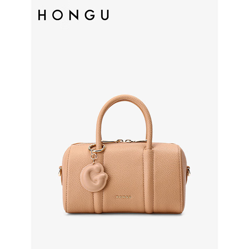 红谷(hongu)女包新款波士顿手提女包手提包牛皮简约时尚包 杏色