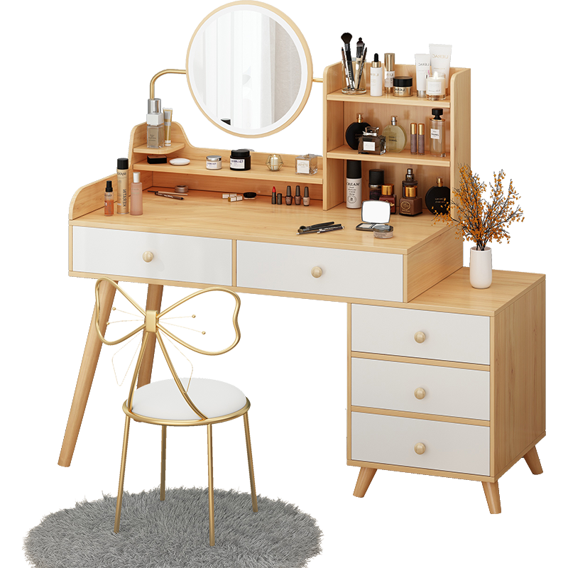 欧诺祥 梳妆台卧室化妆台现代简约梳妆柜带灯实木腿多功能化妆桌 枫木色100cm带柜带灯带椅