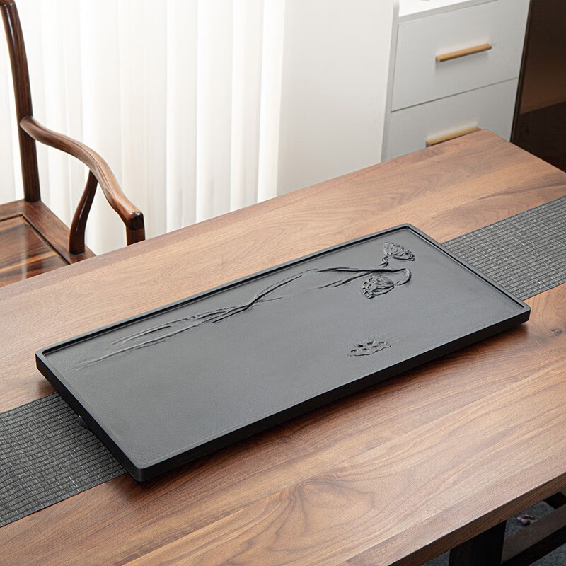 陶致 整块天然乌金石茶盘家用石头茶台创意浮雕图案茶托托盘功夫茶具