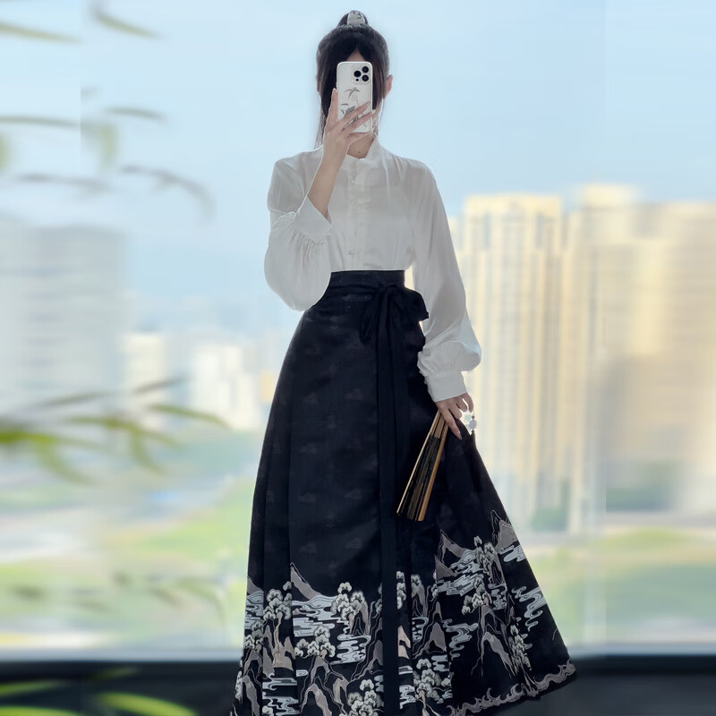 芬格顿马面裙全套新中式夏季日常现代汉服明制立领短衫女 两件套（白色上衣+黑色马面裙） M