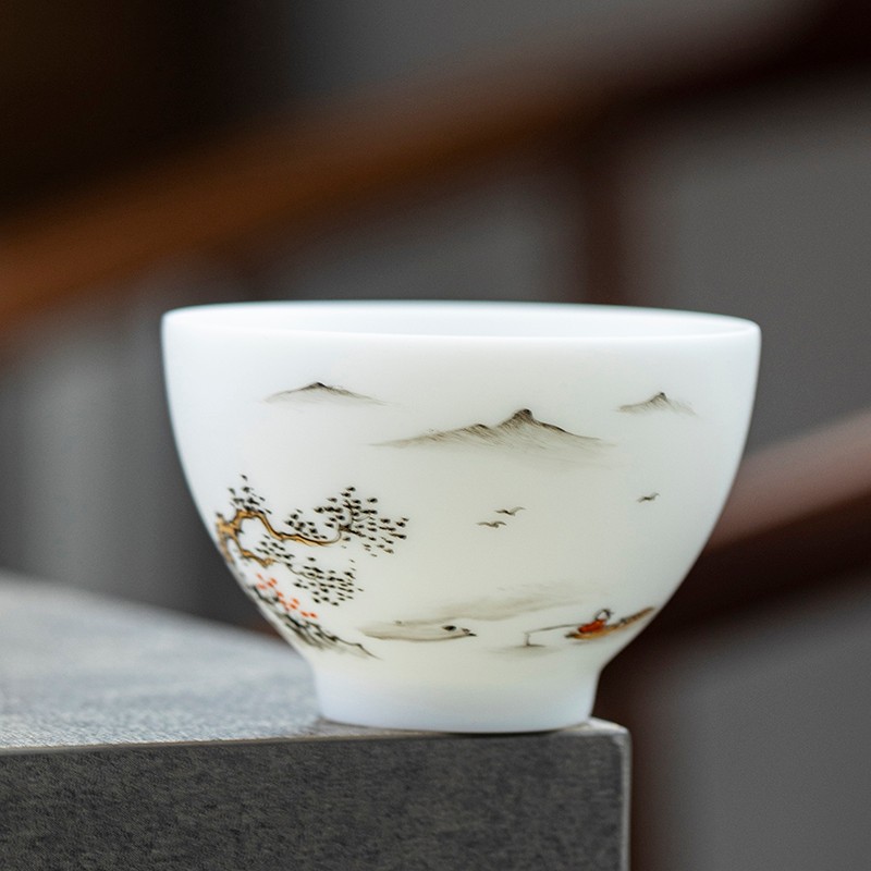 鈺銓龍門 德化羊脂玉瓷素?zé)√?hào)手繪水墨茶杯單個(gè)白瓷品茗杯家用陶瓷杯 款式二：釣魚如意杯