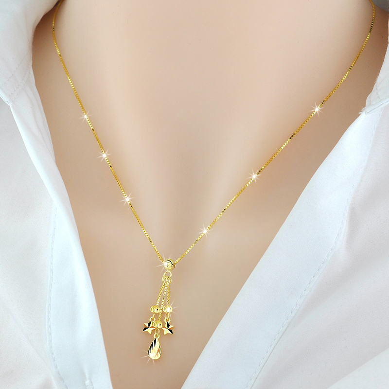 项链925银彩金色水滴流苏锁骨链简约气质银饰送女友生日礼物 黄金色