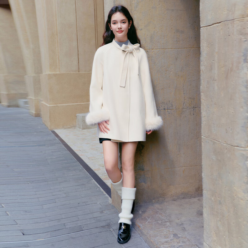 乐町甜美少女A摆绑带设计毛呢外套冬季新款袖口拆卸毛毛大衣 雪白色(现货) XS
