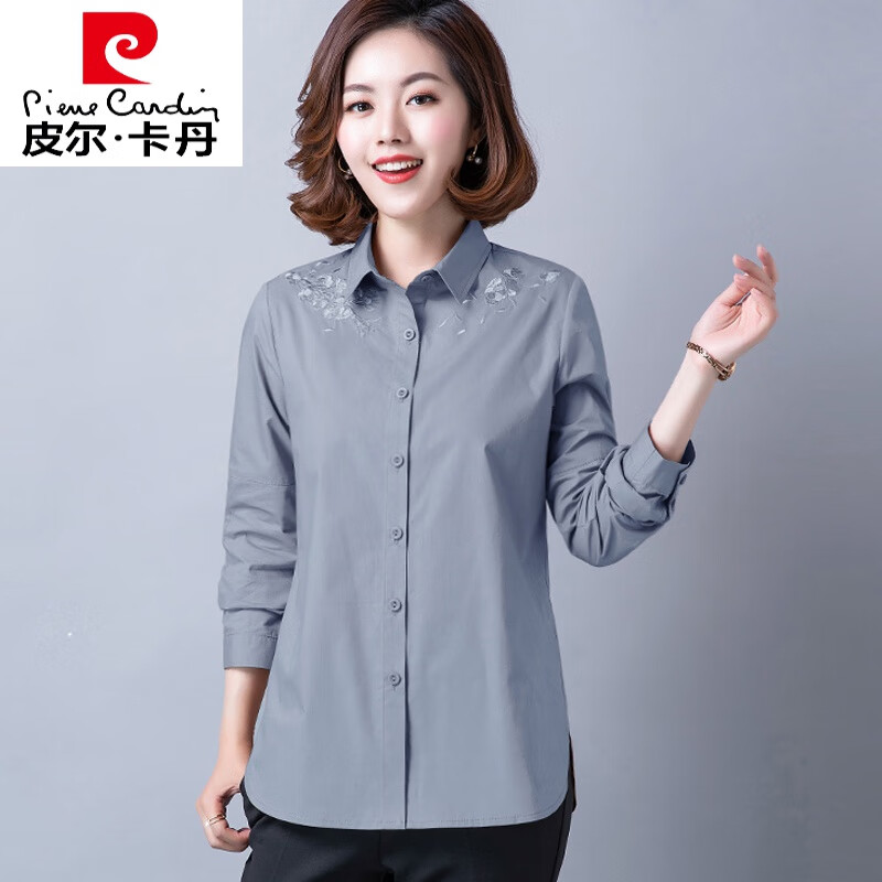 皮尔卡丹(pierre cardin)女装 女士春秋装衬衫女长袖宽松纯棉大号中年