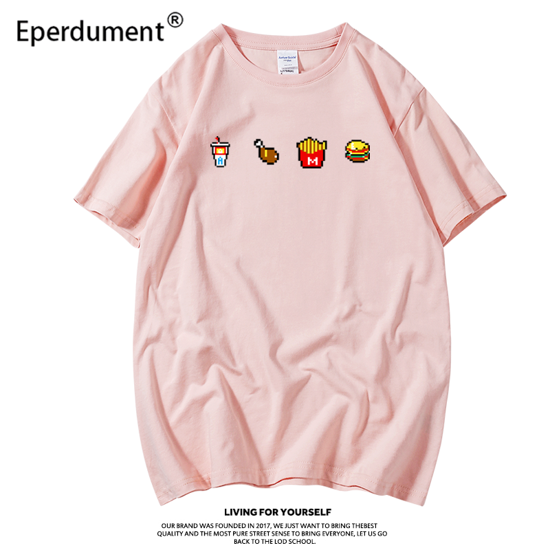 Eperdument 短袖薯条汉堡像素风T恤马赛克款韩版潮流打底衫T恤 粉色李斯丹妮同款 XXL