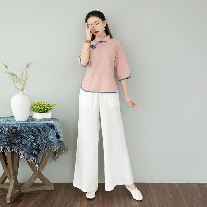 采耳师女衣服秋季夏季中国风改良旗袍汉服足浴养生会馆采耳工作茶服阔腿裤两件套 粉衣+白裤(套装) S怎么看?