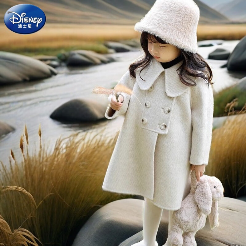 迪士尼（Disney）韓系兒童裝雙面羊絨外套24秋冬寶寶中小童毛呢加厚女童呢子大衣 米灰色加厚呢大衣 120