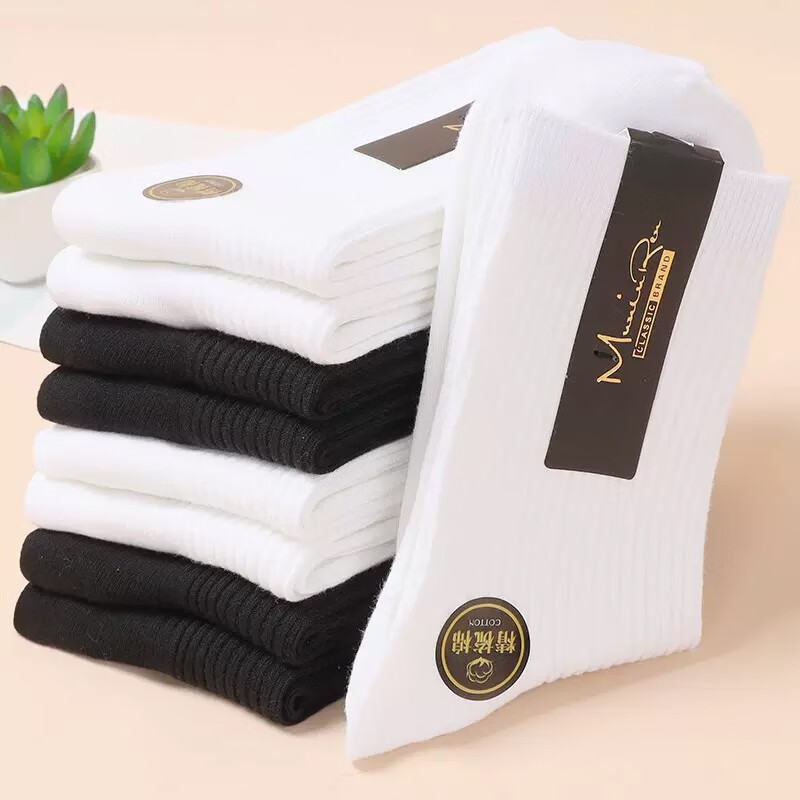 伦洛弗袜子男防臭春夏白色双针袜子长袜中筒袜纯色春夏纯棉学生高档