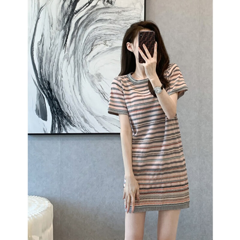 闽悦夏天穿的直筒连衣裙女士薄款短袖透气直桶裙女休闲修身撞色条纹冰