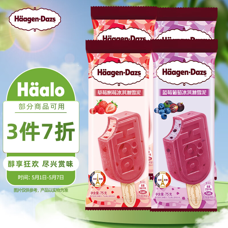 哈根达斯（Haagen-Dazs）冰淇淋雪泥4支分享装 (草莓树莓/蓝莓葡萄) 300G
