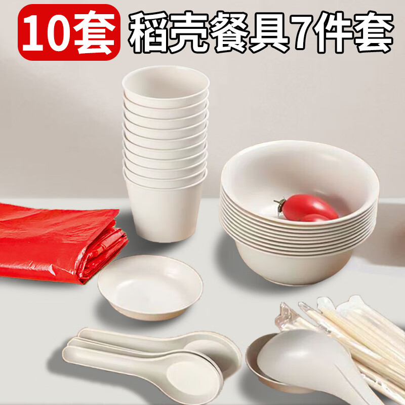 星坊一次性套装碗筷子汤勺子杯子碟盘子桌布可微波降解稻壳餐具10人份
