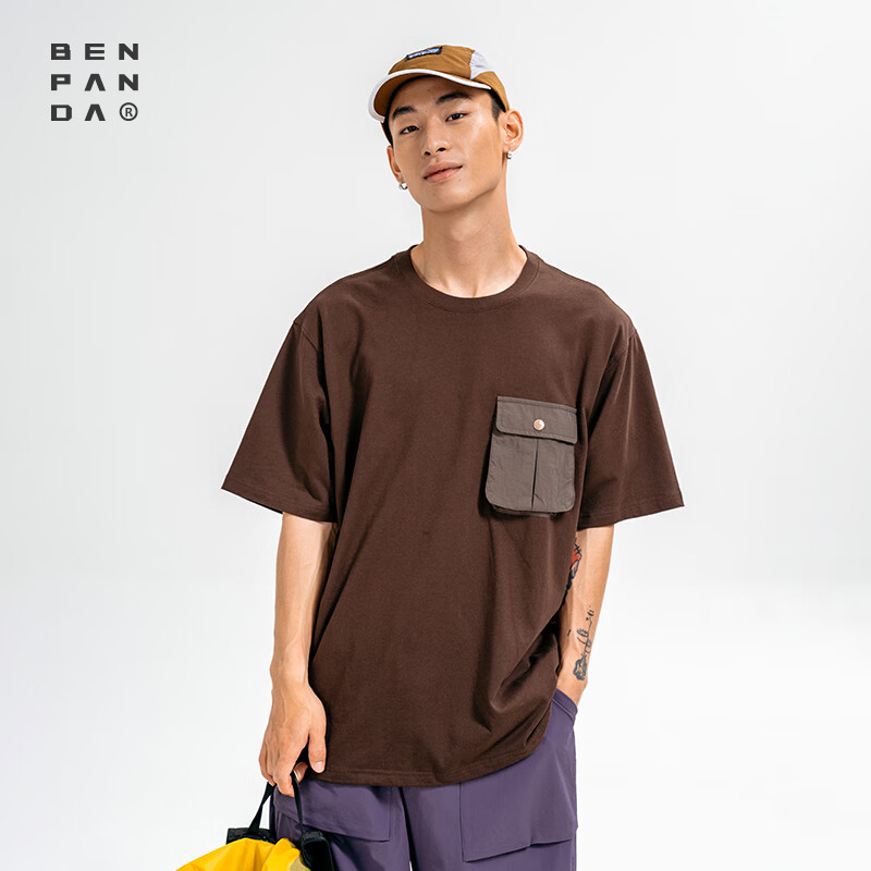熊貓·本（ben.panda）口袋T恤男25年夏季休閑簡約寬松潮流復(fù)古撞色圓領(lǐng)情侶短袖 深卡其 XL