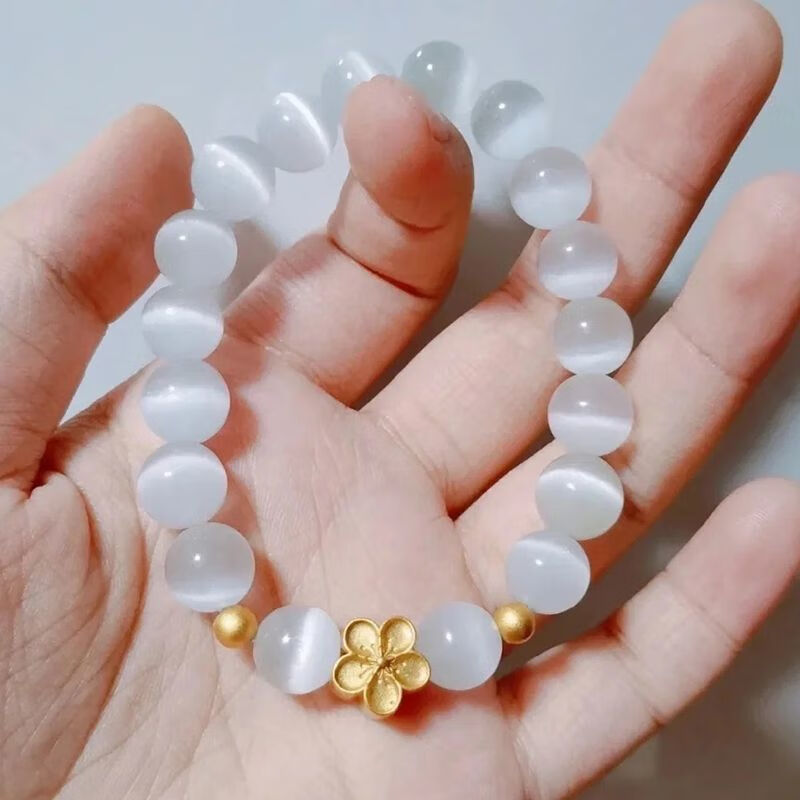 欧阳先生设计师 猫眼石手链女送闺蜜8mm手串森系 白猫眼