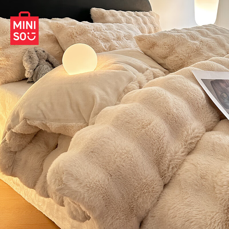 名创优品兔毛绒床上四件套牛奶绒冬季加厚床单床笠被套珊瑚绒单双人三件套 MINISO-米杏 【加密升级皮草级触感】 2.0 床单款 （被套220*240cm）