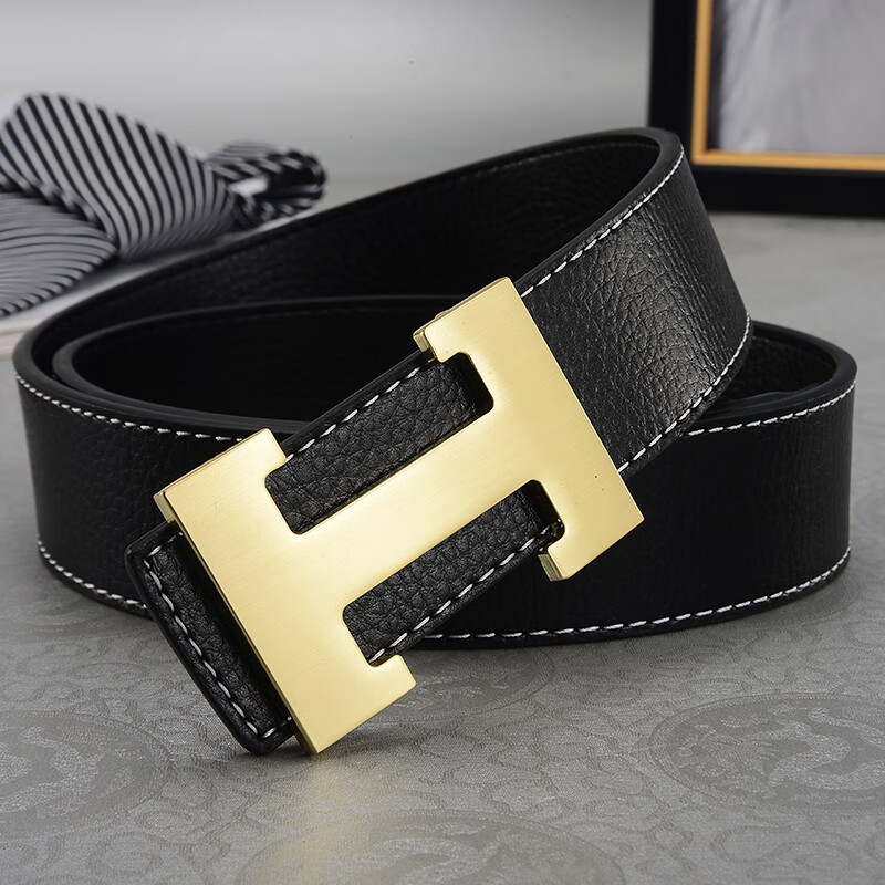 腰带h头中青年男女皮带韩版时尚休闲潮裤带 黑色 h金扣【送手链 打孔