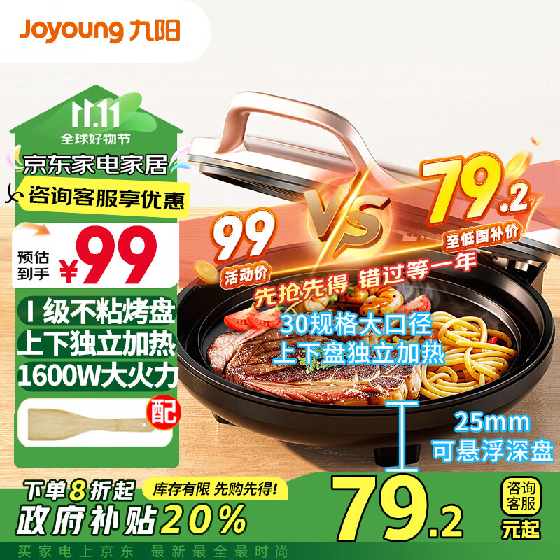 九阳（Joyoung）电饼铛三明治机/早餐机 家用煎烤机 25mm加深烤盘 大火力双面加热早餐机JK30-GK118【政府补贴】