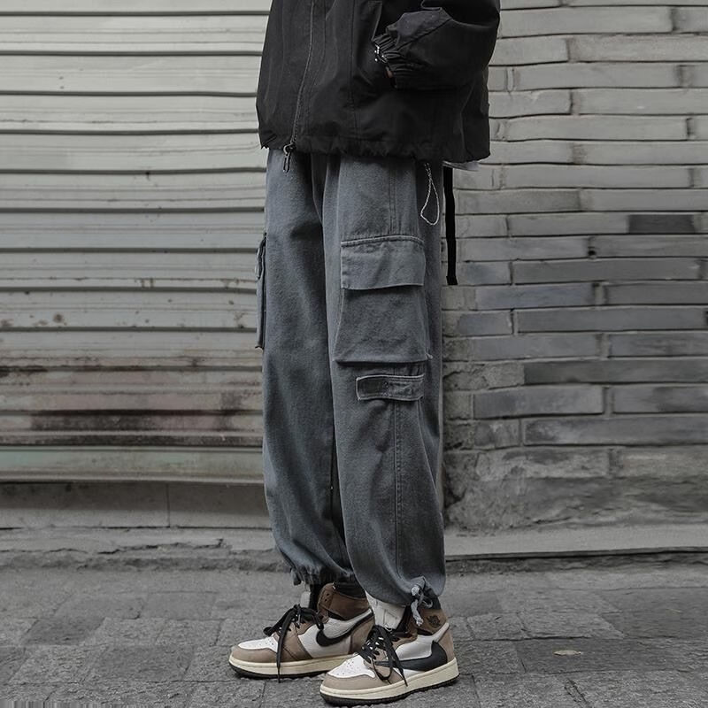 男生搭配显腿长牛仔休闲裤春秋多口袋工装裤男款裤子宽 灰色高质量