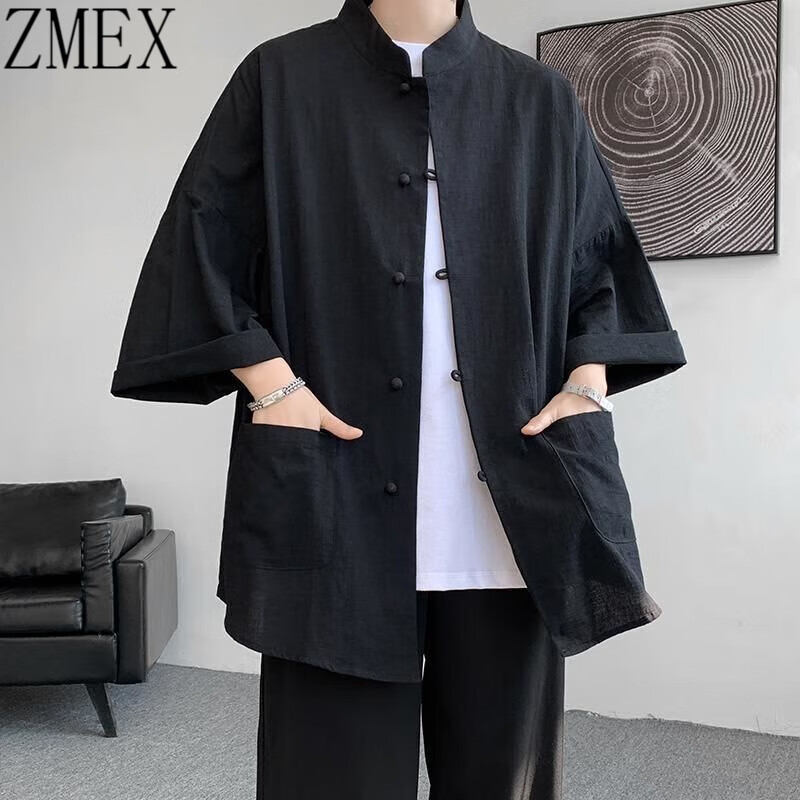 ZMEX新中式男装国风马褂男士亚麻短袖唐装道袍外套盘扣诘襟衬衫汉服男 黑色[七分袖] XL怎么看?