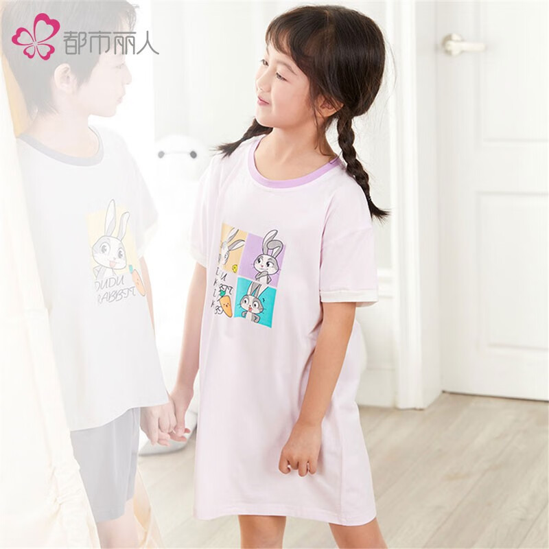 都市丽人嘟嘟兔子系列卡通可爱动漫高含棉95棉女童家居服睡裙童装 2H1602 2H1602-梦幻紫(女童睡裙款) 120