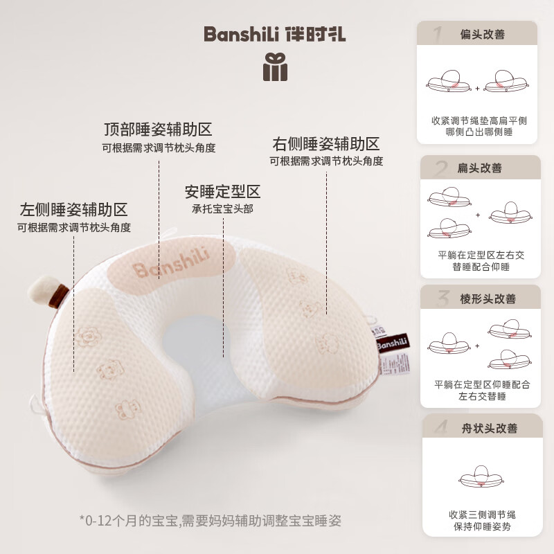 伴时礼定型枕头婴儿枕头0-1岁定型枕宝宝枕头头型矫正枕头实用满月礼物 婴儿定型枕【安抚组合款】 纯色