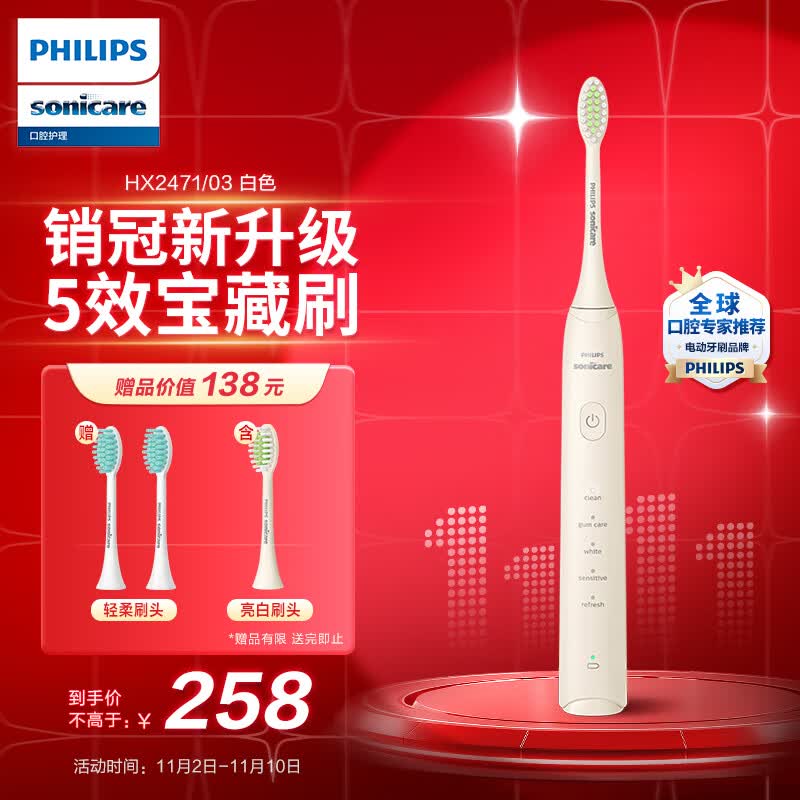 飞利浦（PHILIPS）电动牙刷成人情侣款 礼物 送礼 5种模式 全新软毛柔和亮白刷头 5效宝藏刷 瑞斯白 HX2471/03属于什么档次？